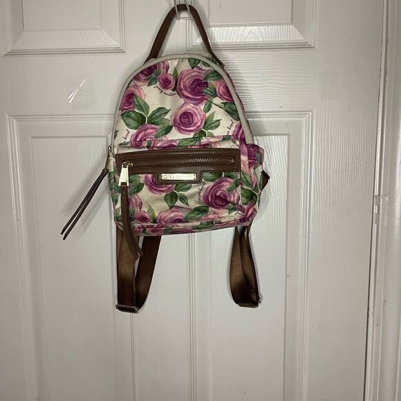 Juicy Couture Nylon mauve roses and green leaf prints mini backpack brown trims. - Picture 6 of 14